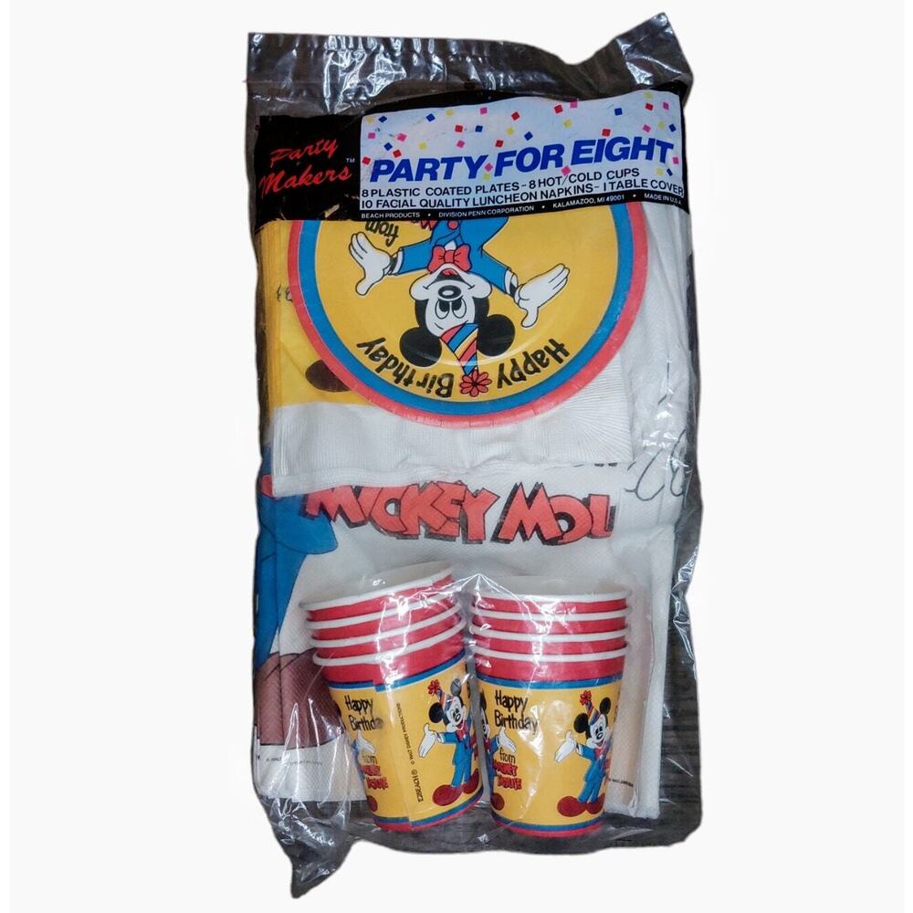 Vintage Disney Mickey Mouse Party Supply Set for 8 Sealed Plates Cups Napkins